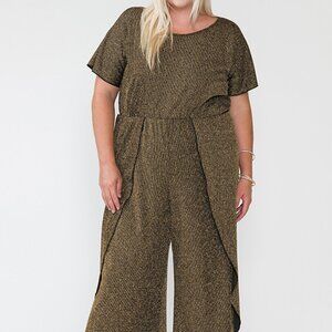 Women's Plus Size Gold Overlap Wide Pants with Waist Ruched Shirring Jumpsuit